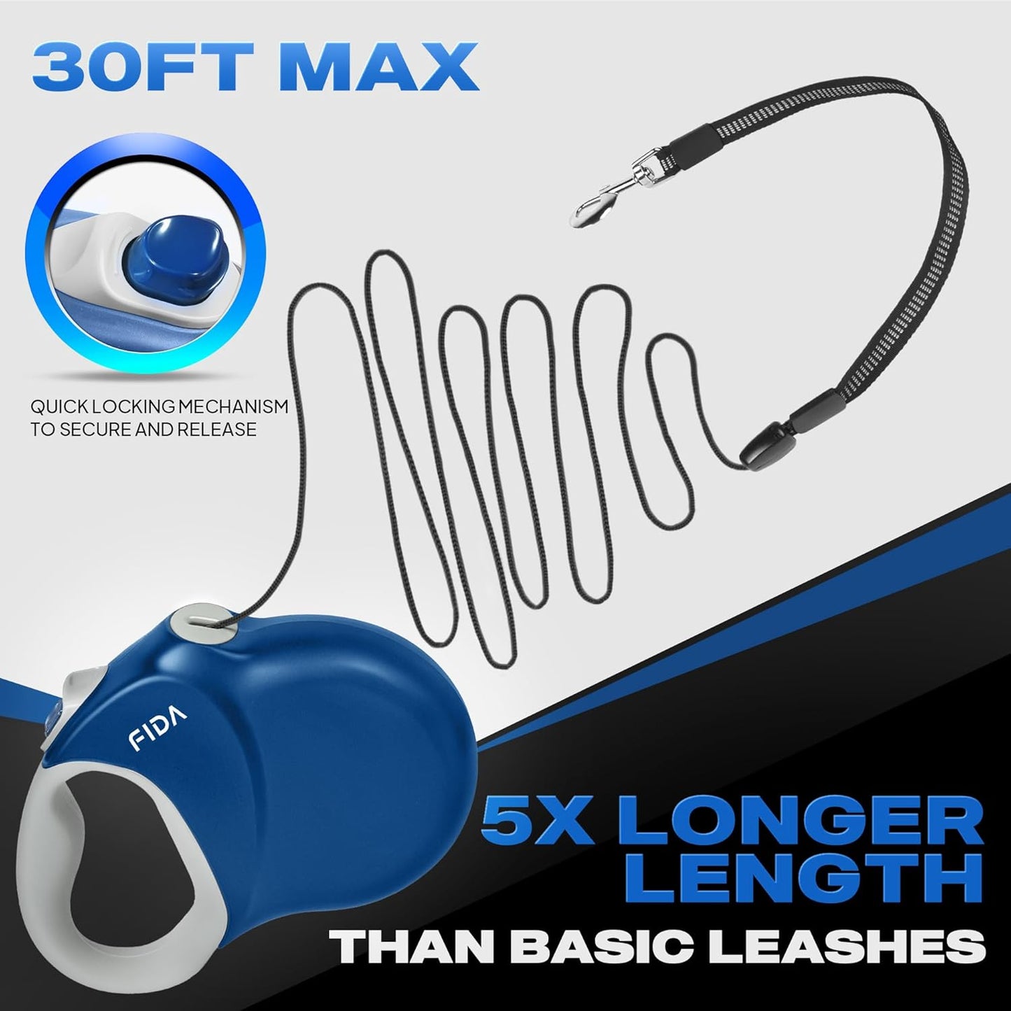 Fida 30ft Upgraded Retractable Dog Leash, Heavy Duty Pet Walking Leash for Medium/Large Breed up to 110 lbs, 360° Tangle-Free Long Retract Dog Lead, Soft Grip, One-Hand Brake, Blue