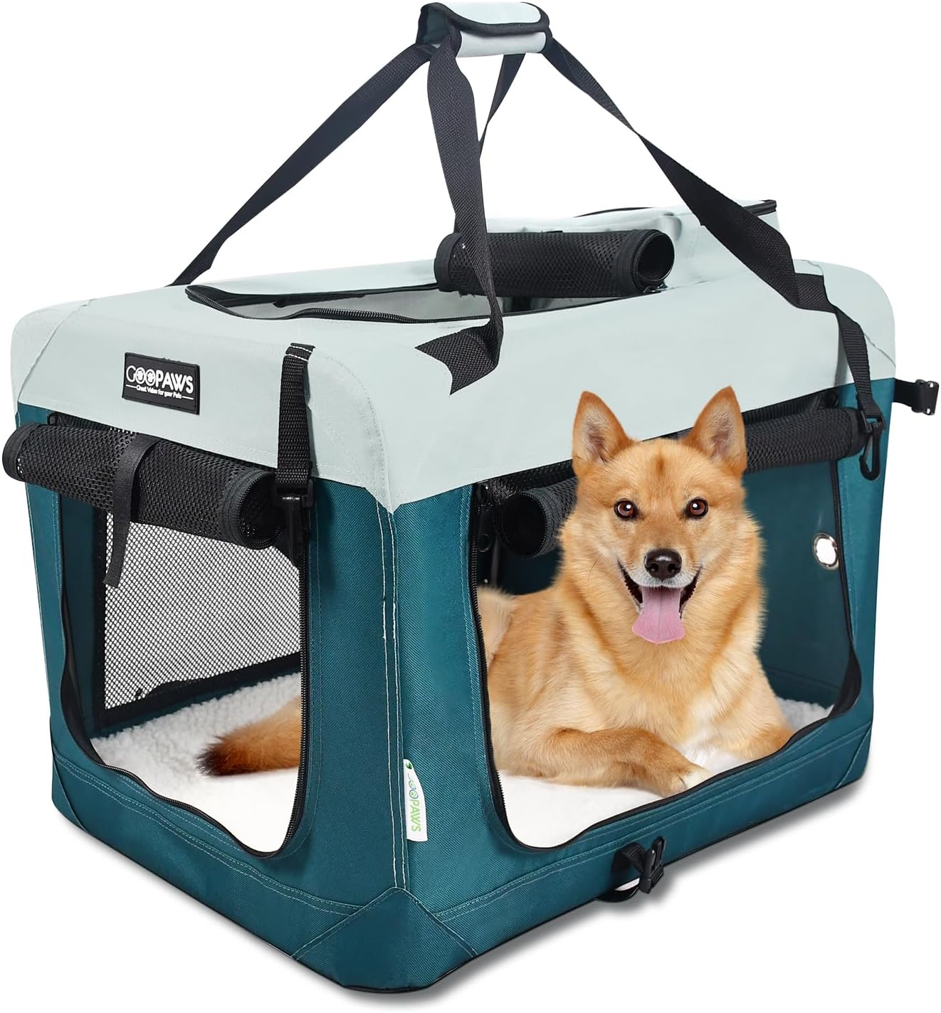 JESPET Soft Dog Crates Kennel for Pets, 3 Door Soft Sided Folding Travel Pet Carrier with Straps and Fleece Mat for Dogs, Cats, Shale Green, 36'' (8-Teal Blue, Large(30" L x 21" W x 23" H))