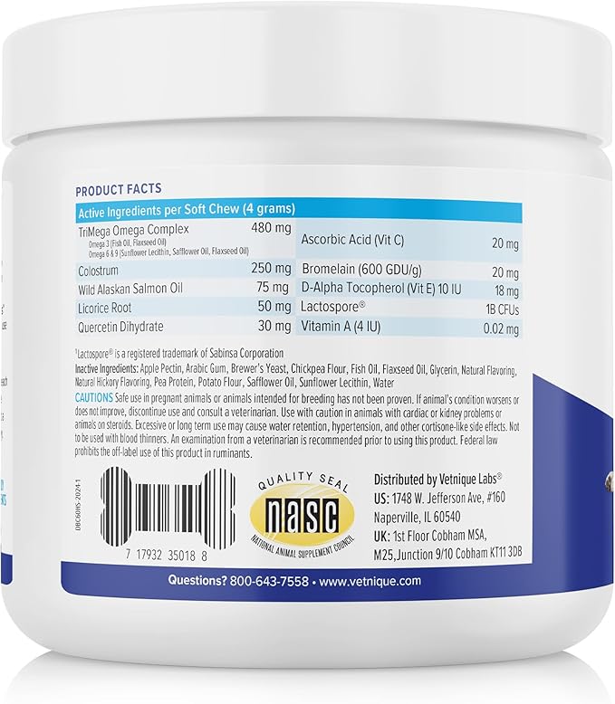 Vetnique Dermabliss Seasonal Dog Allergy Relief & Immune Support Supplement Allergy Chews for Dogs Itching and Licking with Omega 3 Fish Oil & Probiotics for Itch Relief (60 Count Chews)