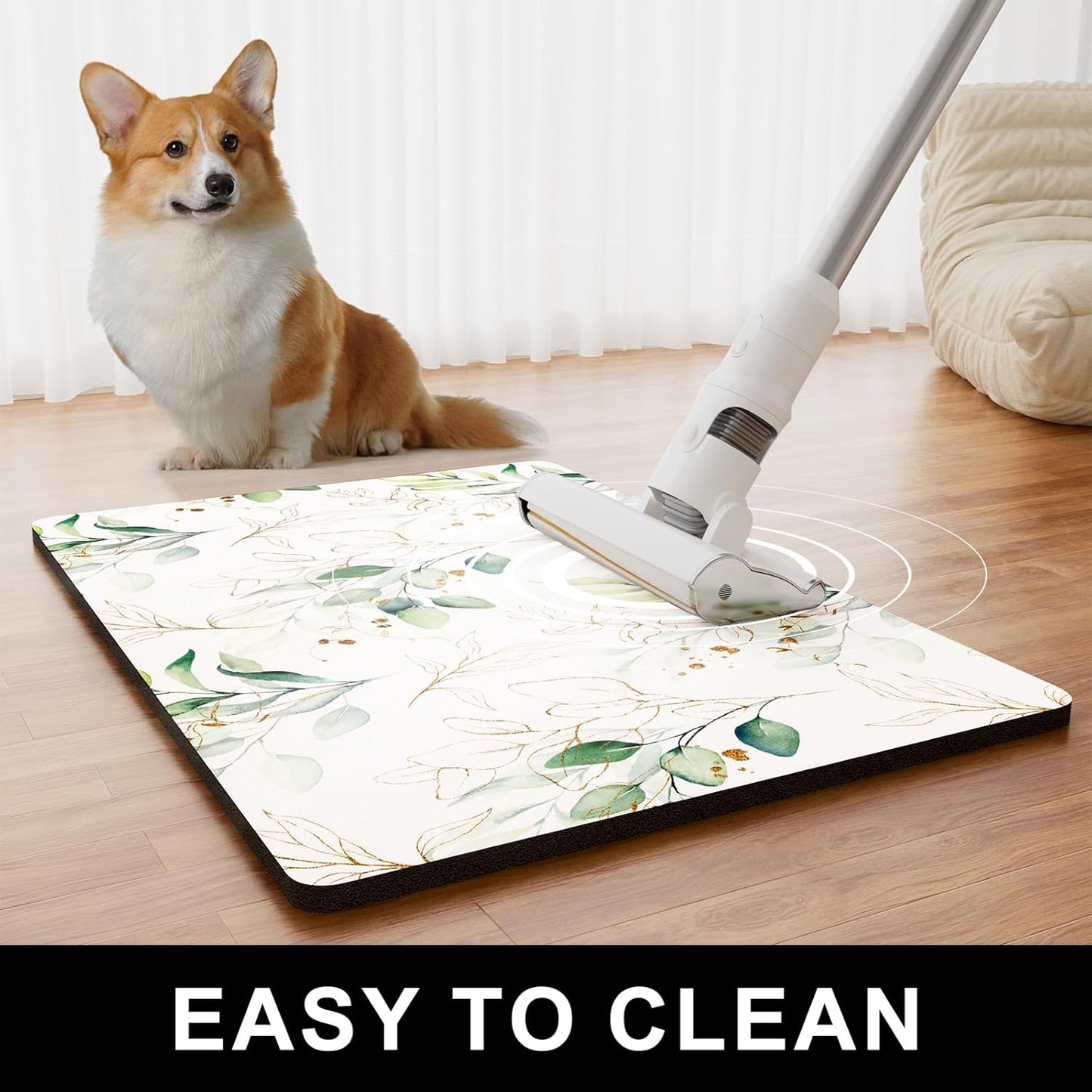 Dog Food Mat, 12" x 19" Minimalism Absorbent Dog Cat Bowl Mat for Food and Water, Cute Anti-Slip Rubber Pet Feeding Rug Protect Floors, Placemat for Feeding & Watering Supplies, Leaf