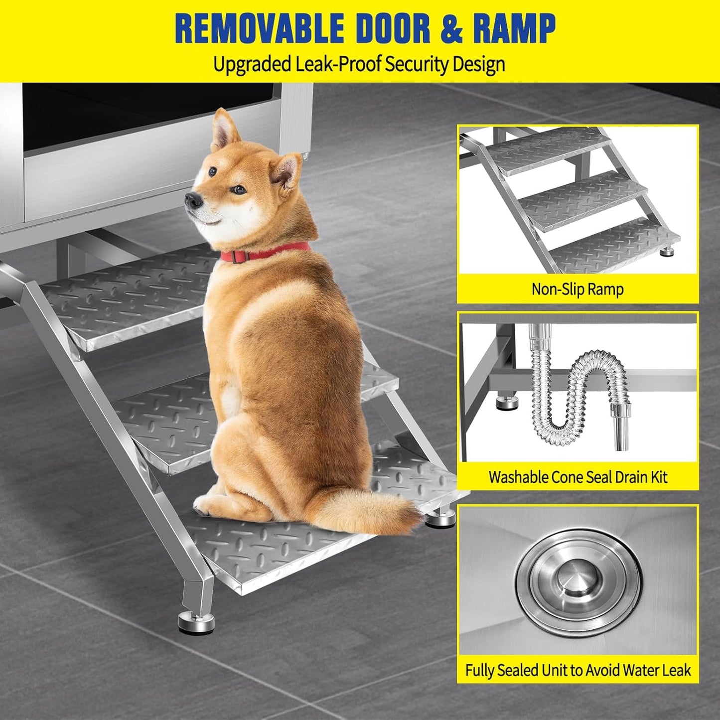 50" Pet Dog Bathing Station w/Ramp, Professional Stainless Steel Cat Grooming Tub w/Soap Box, Faucet,Rich Accessory, Dog Bathtub for Large,Medium,Small Pets, Washing Sink for Home