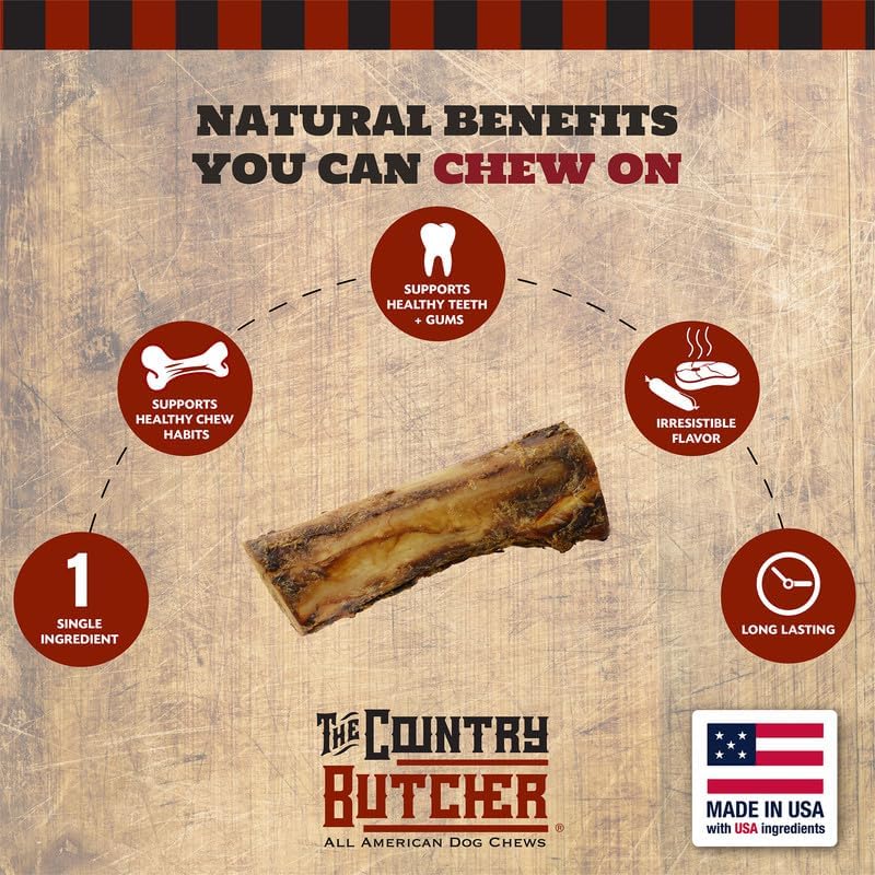 7" Beef Marrow Dog Bones for Aggressive Chewers, Large Breed Dog Treat, Natural, Tough, Chew Toy, Made in The USA, 6 Count