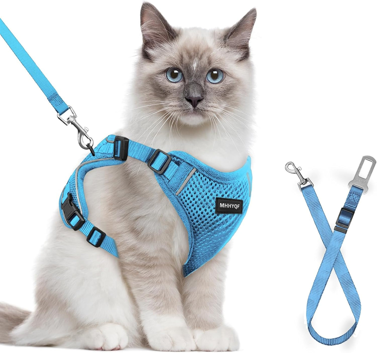 Cat Harness and Leash Set for Walking Escape Proof, Improved Four Place Adjustable Cat Car Harness, Soft Kittens Vest with Reflective Strip for Cats, Comfortable Outdoor Vest, Blue, XS