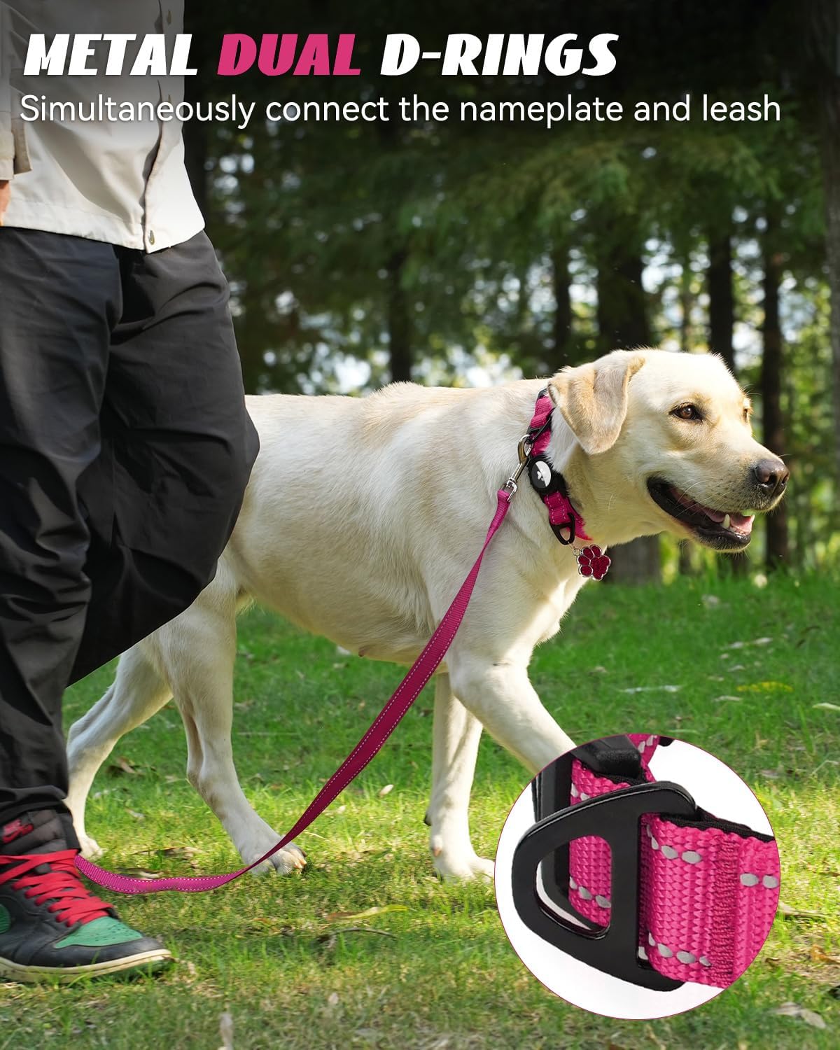 Joytale Airtag Dog Collar, Reflective Pet Collar with Waterproof AirTag Holder, Dual D-Rings, Soft Padded Adjustable for Medium Dogs, Hotpink, M