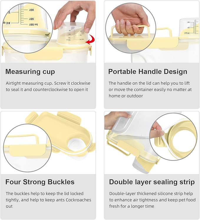 5-7Lbs Cat Dog Storage Container, Portable Pet Food Containers with Upgraded Large Spout and Cup, Small Animal Kibble Dispenser for Bird Seed, Oatmeal, Rice, Flour (1, Cream yellow, 5L)