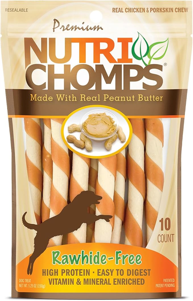 NutriChomps Dog Chews 5-inch Twists, Easy to Digest, Rawhide-Free Dog Treats, 10 Count, Real Peanut Butter flavor (Packaging May Vary)