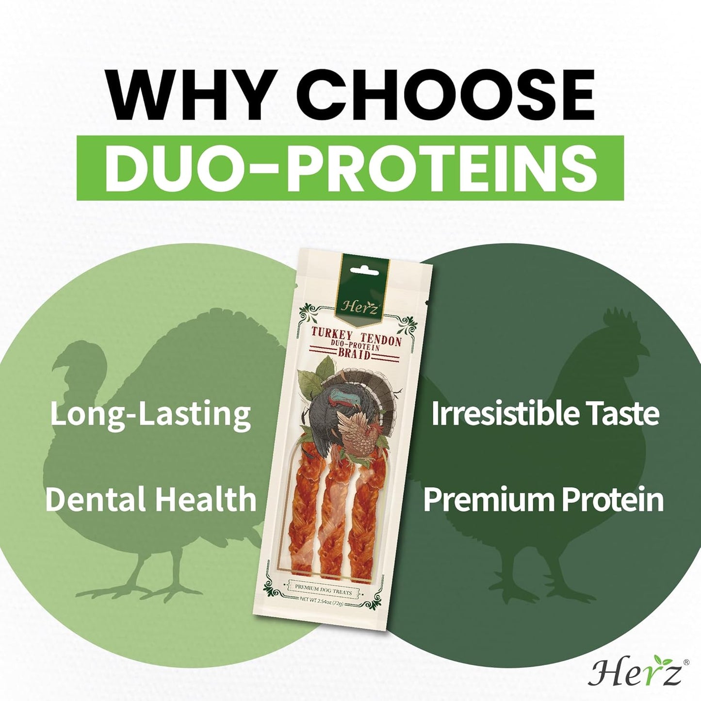 Herz Duo-Protein Turkey Tendon & Chicken Strip 3 oz, USA-Sourced Turkey Tendon, Natural Dog Chew for Small Dogs, Wrapped in Chicken, Rawhide-Free, Hypoallergenic, Puppy-Friendly