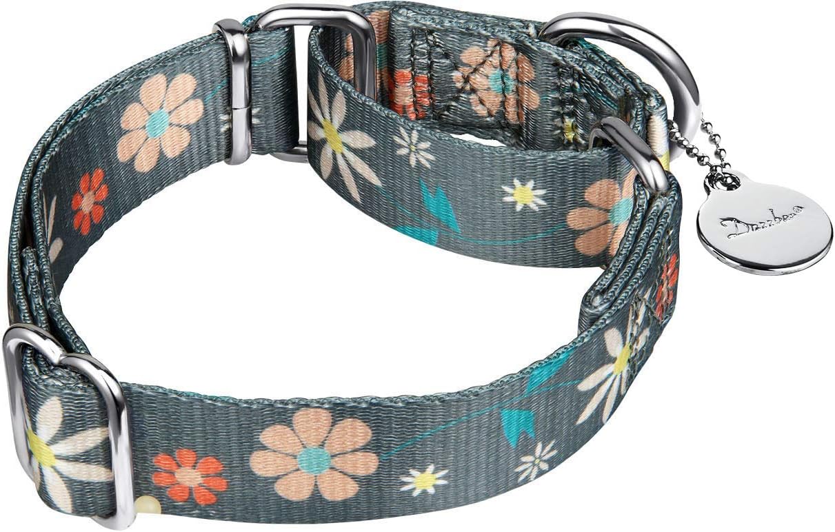 Martingale Collar Floral Print Dog Collar - No Pull Pet Collar, Heavy Duty Adjustable Dog Collar, Large, Neck 17 Inch to 25 Inch, Elegant Flowers (Warm Grey)