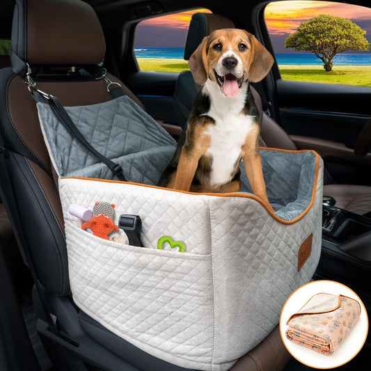 Memory Foam Booster Dog Car Seat with Washable Removable Cover, Elevated Pet Car Seat, Anti-Slip Sturdy Booster Seats for Small Dogs 35lbs, Seat Belt, Storage Pocket, Dog Blankets
