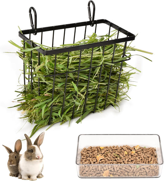 SANGLE SOPFFY Rabbit Feeder and Bunny Food Bowl with Hay Rack for Guinea Pigs, Chinchillas,Holland lop Bunny - Pet Hay Dispenser&Multifunctional Pellet Food Dish