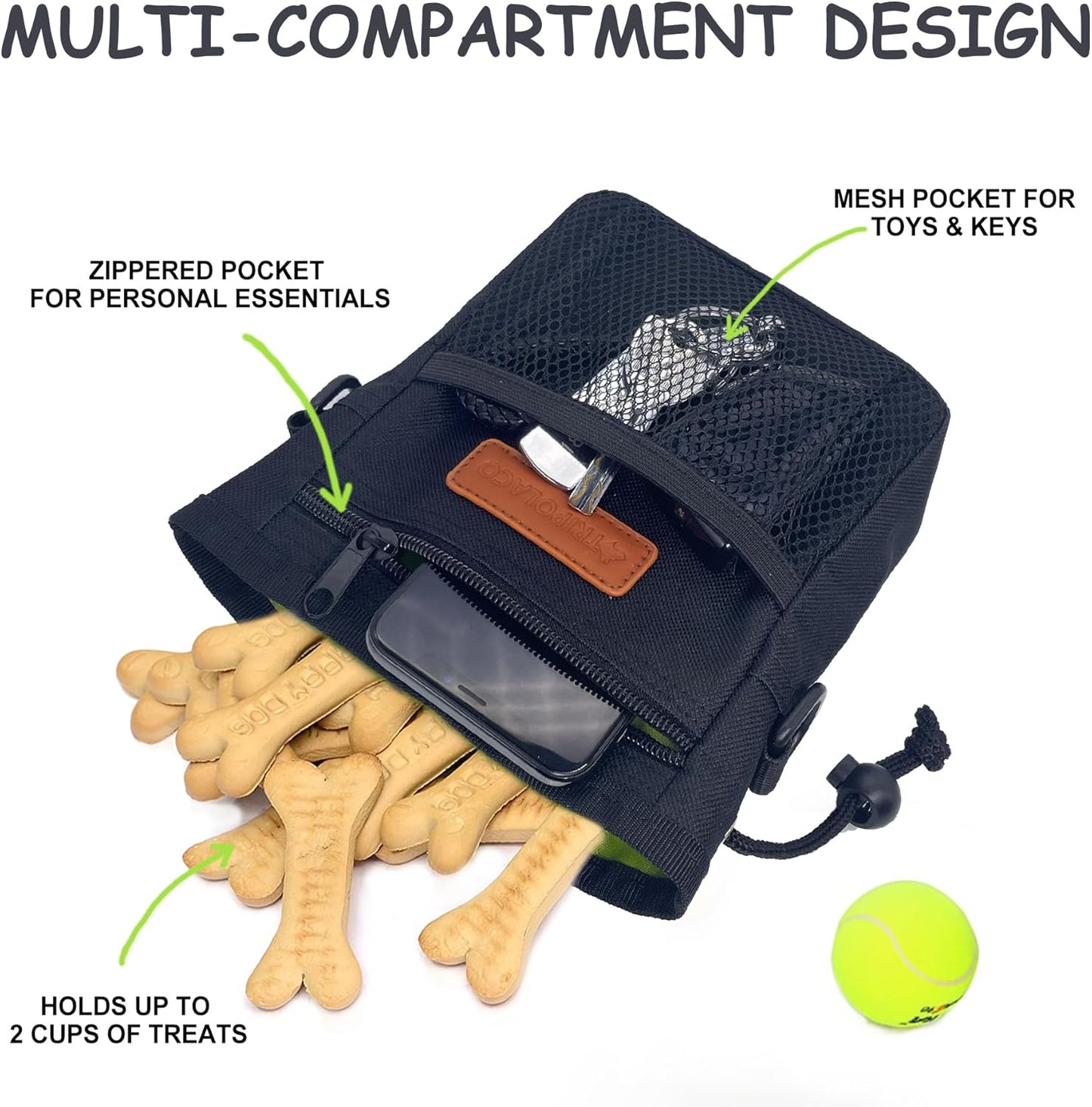 Dog Treat Pouch, Large Treat Pouches for Pet Training with Multiple Pockets, Built-in Poop Bag Dispenser & Phone Holder, 3 Wear Styles, Ideal Dog Treat Bag for Training & Walks, Black