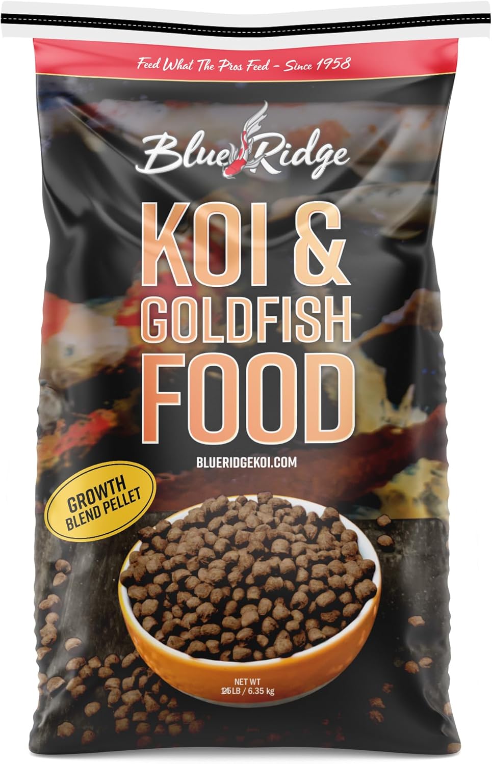 Blue Ridge Koi Fish Food 25lb - Koi Food 3/16” Large and Mini Blend Growth Formula, Goldfish Food, Premium Fish Food for Ponds, Ponds Fish Food, Floating Pond Pellets