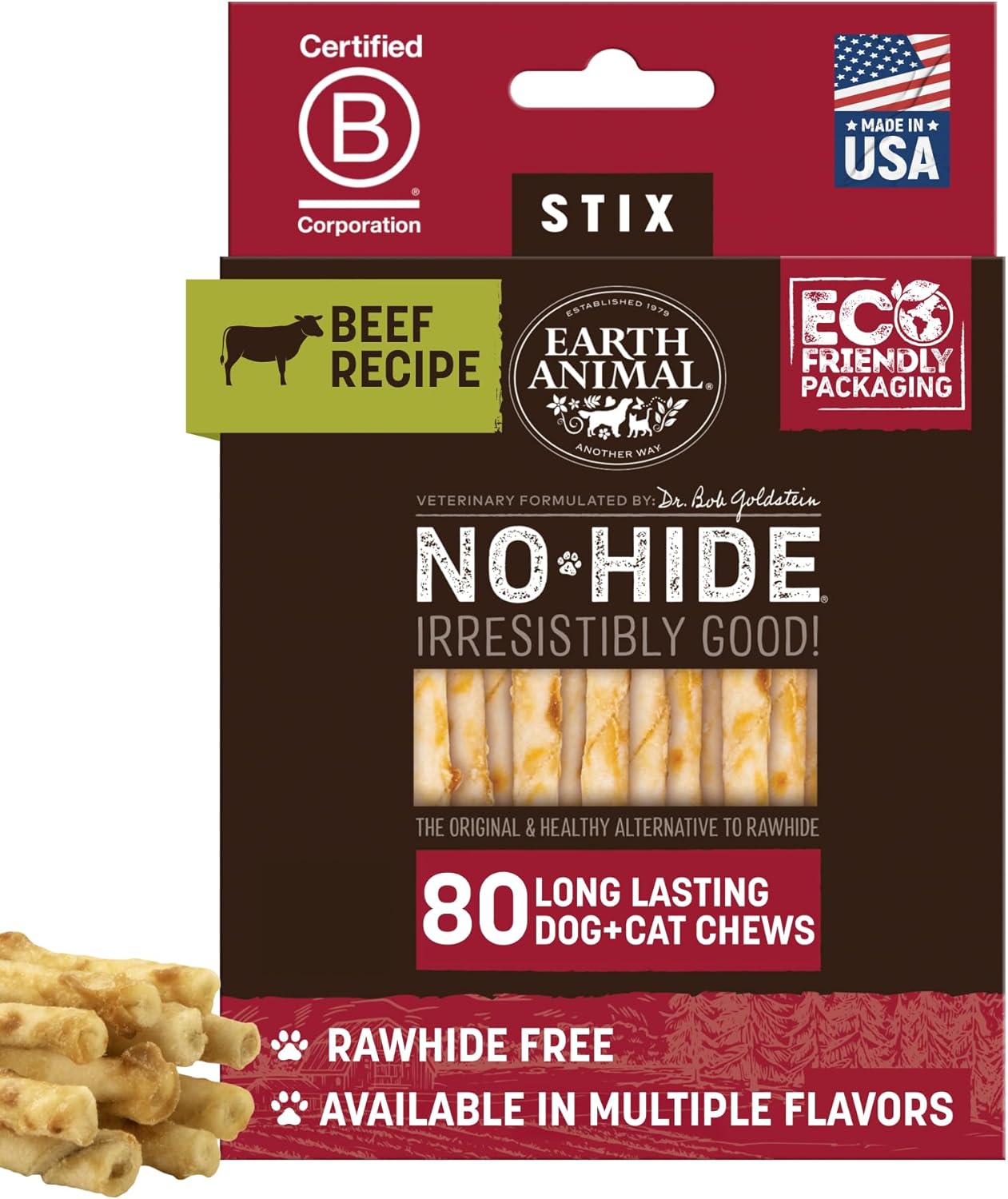 Earth Animal No-Hide Stix Beef Recipe Natural Rawhide Alternative Dog & Cat Chews - 80 Count Extra Value Pack