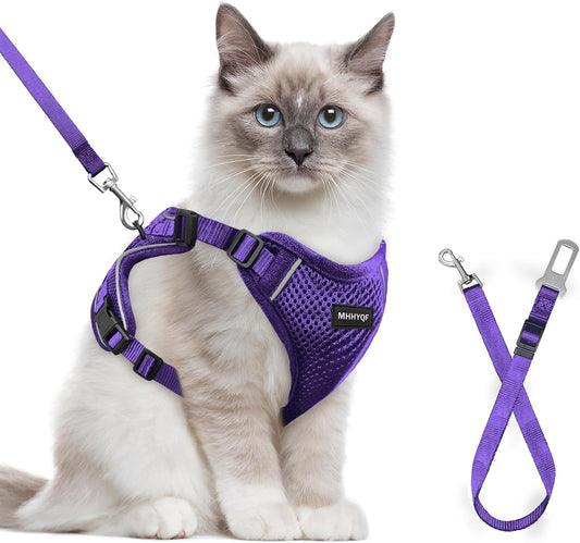 Cat Harness and Leash Set for Walking Escape Proof, Improved Four Place Adjustable Cat Car Harness, Soft Kittens Vest with Reflective Strip for Cats, Comfortable Outdoor Vest, Purple, XS