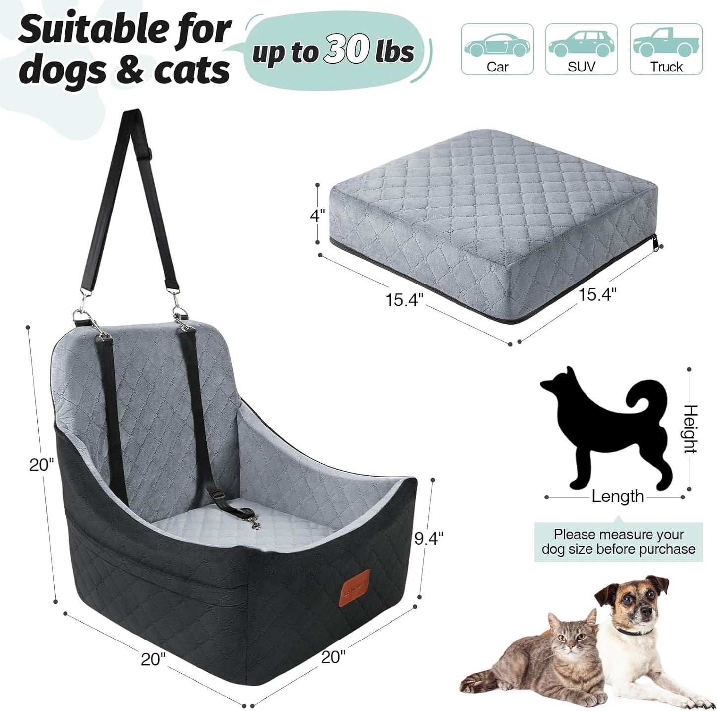 Dog Car Seat for Dogs Up to 35lbs,Fully Detachable and Washable,Memory Foam Covered Soft Fabric,Easy to Install with Adjustable Straps,Anti-Slip Bottom,2 Side Pockets(Black/Grey,Medium)