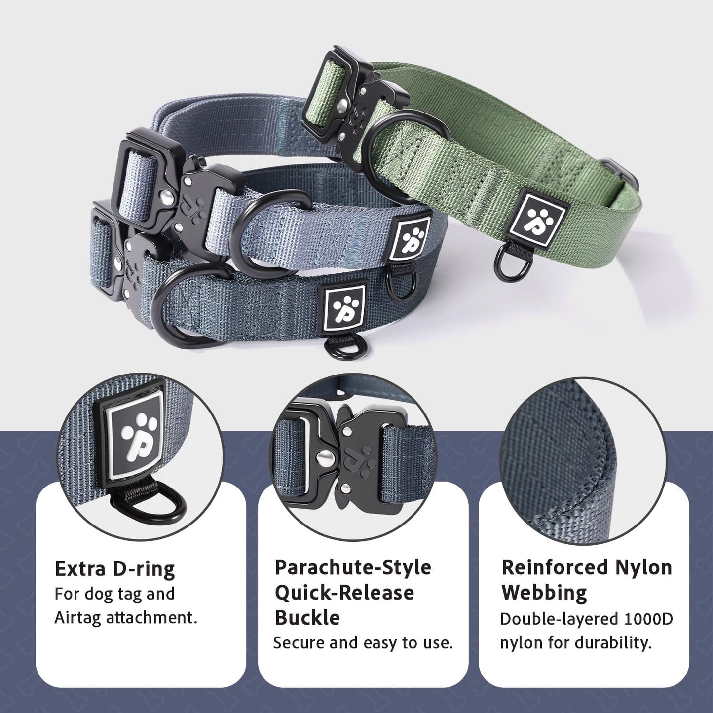 CLEPAWS Reflective Dog Collars for Medium Dogs, Heavy Duty Tactical Dog Collar with Metal Buckle, Durable Pet Collar Quick Release, Reinforced Nylon No Pull Dog Collar (Nightfall, M)