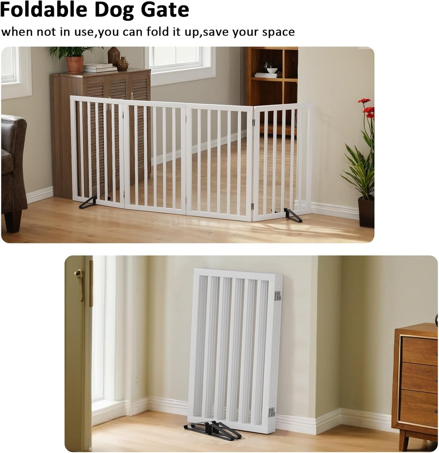Dog Gate 32" Tall Freestanding Dog Gate for Doorways Foldable Pet Gate for Dogs Indoor (White,4 Panel)