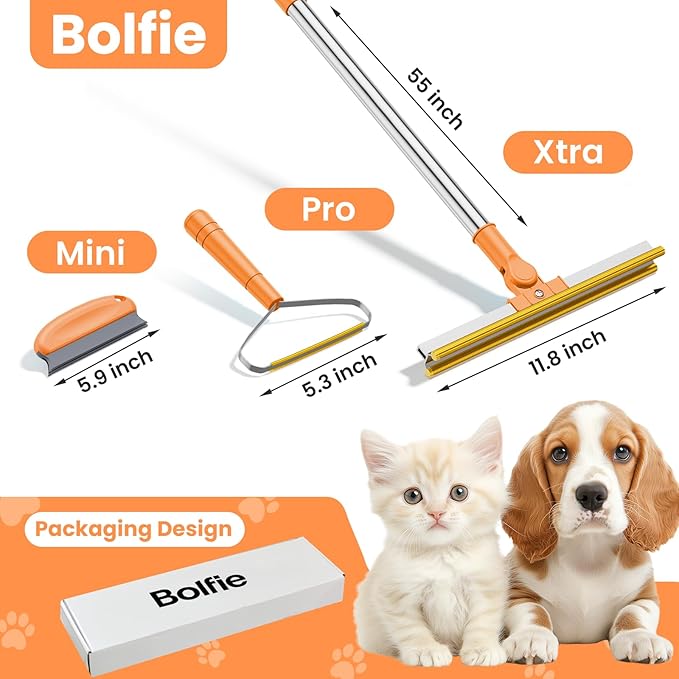 3 in 1 Carpet Rake for Pet Hair Removal, Tool Set of 3, 55” Long Handle Carpet Pet Hair Removal Carpet Scraper Dog Cat Hair Remover for Sofa, Couch, Car, Rug (Orange)