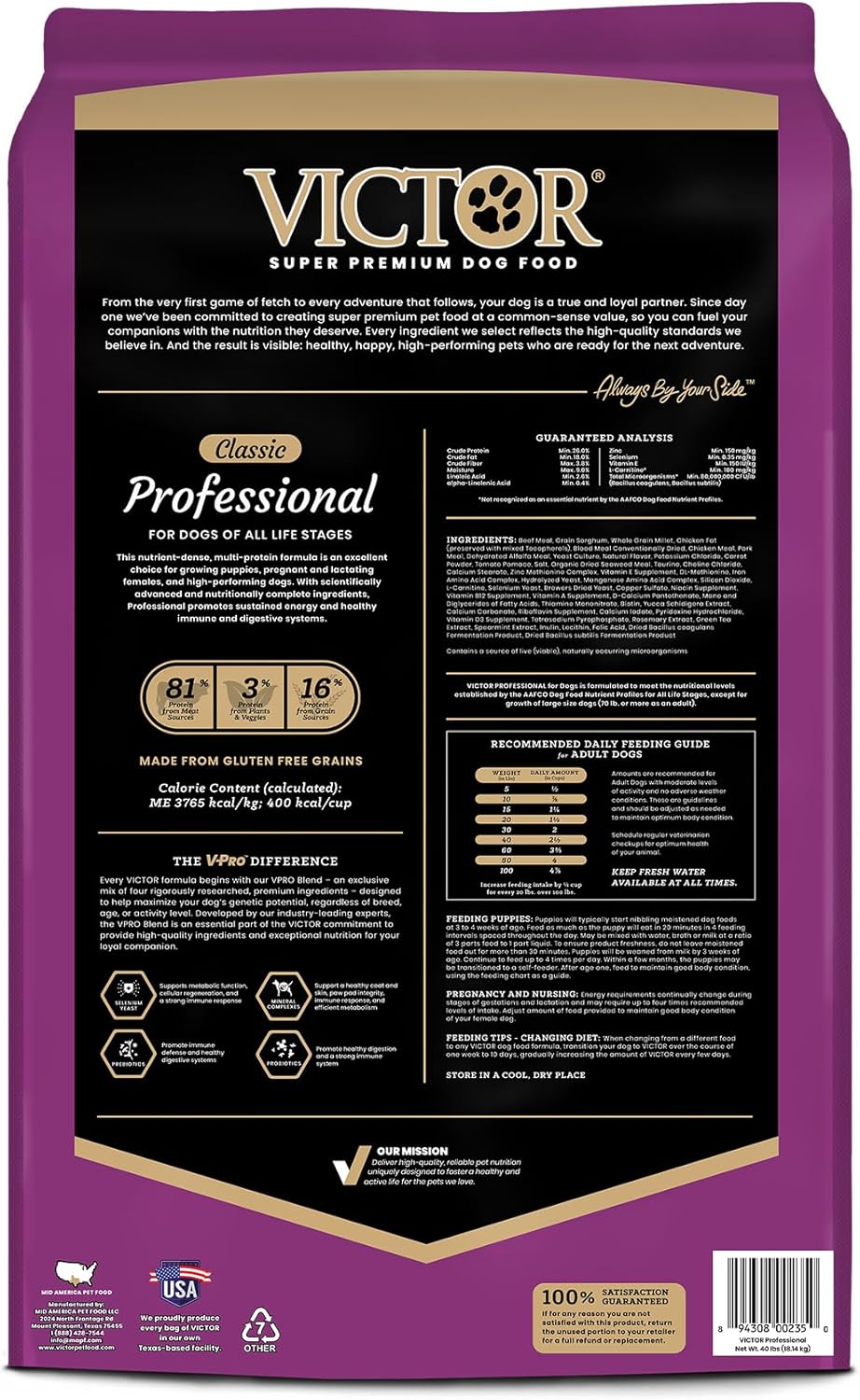 VICTOR Super Premium Dog Food – Professional Dry Dog Food – Super Premium Kibble with 26% Protein – Gluten-Free with Beef, Chicken & Pork Meals – for High Energy and Active Dogs & Puppies, 40lbs