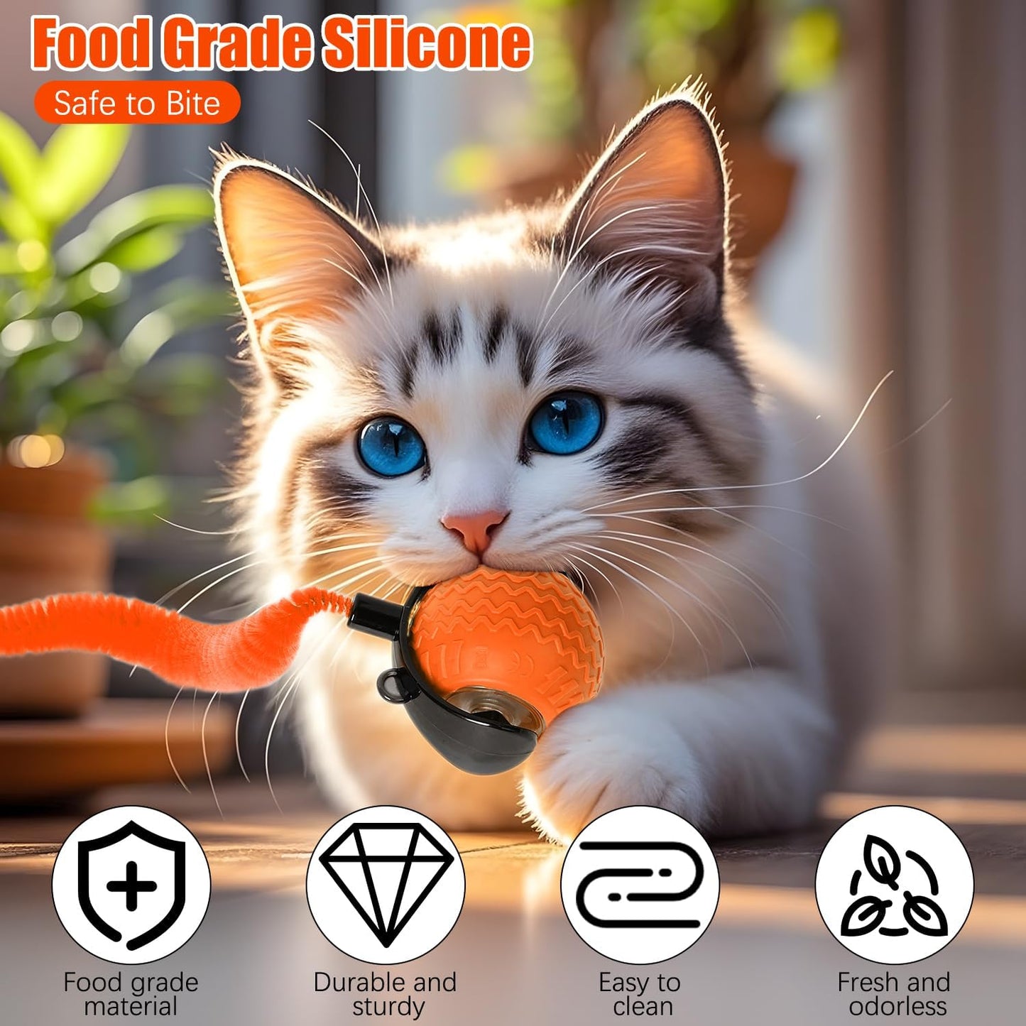 nteractive Cat Ball Toy, Cat Toy Ball with Cord Imitation Mouse, Obstacle Avoidance Smart CatToy Balls, Motion Activated Toys to Keep Them Busy (Orange, 1)