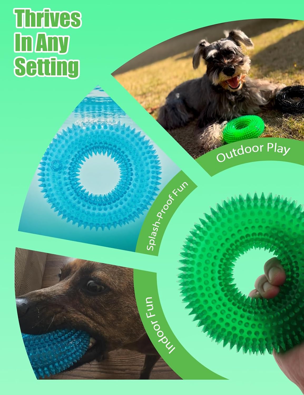 ADUCK Dog Squeaky Chew Toys for Aggressive Chewers, Small Medium Large Dogs Teeth Cleaning Soft Natural Rubber Float Toy for Indoor Outdoor Water Pool, Donut Ring Design 4.92 inch, Crystal Green