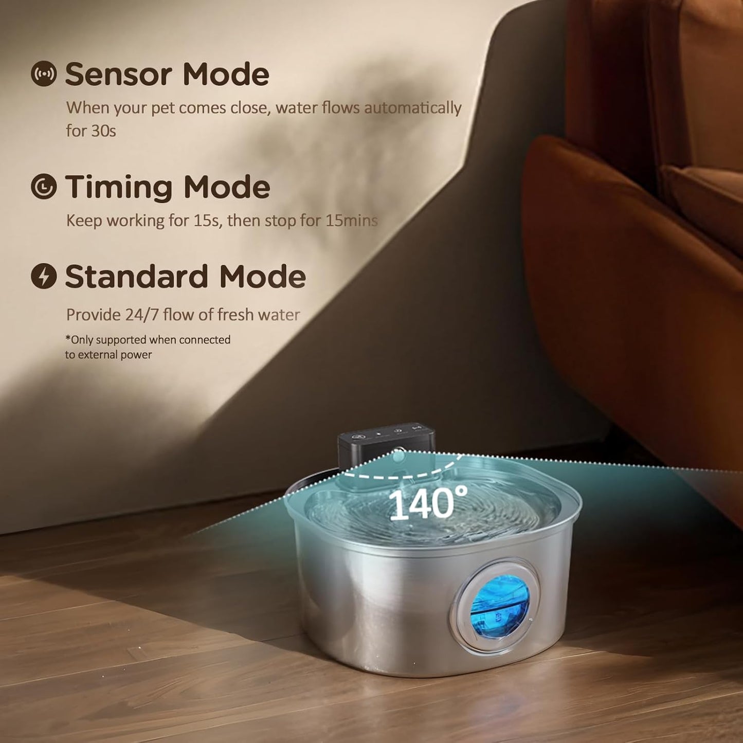 Voluas Stainless Steel Wireless Cat Water Fountain: 3.2L/108oz 3-Modes Pet Drinking Fountain Indoor Cordless Motion Sensor with 4200mAh Rechargeable Battery Operated