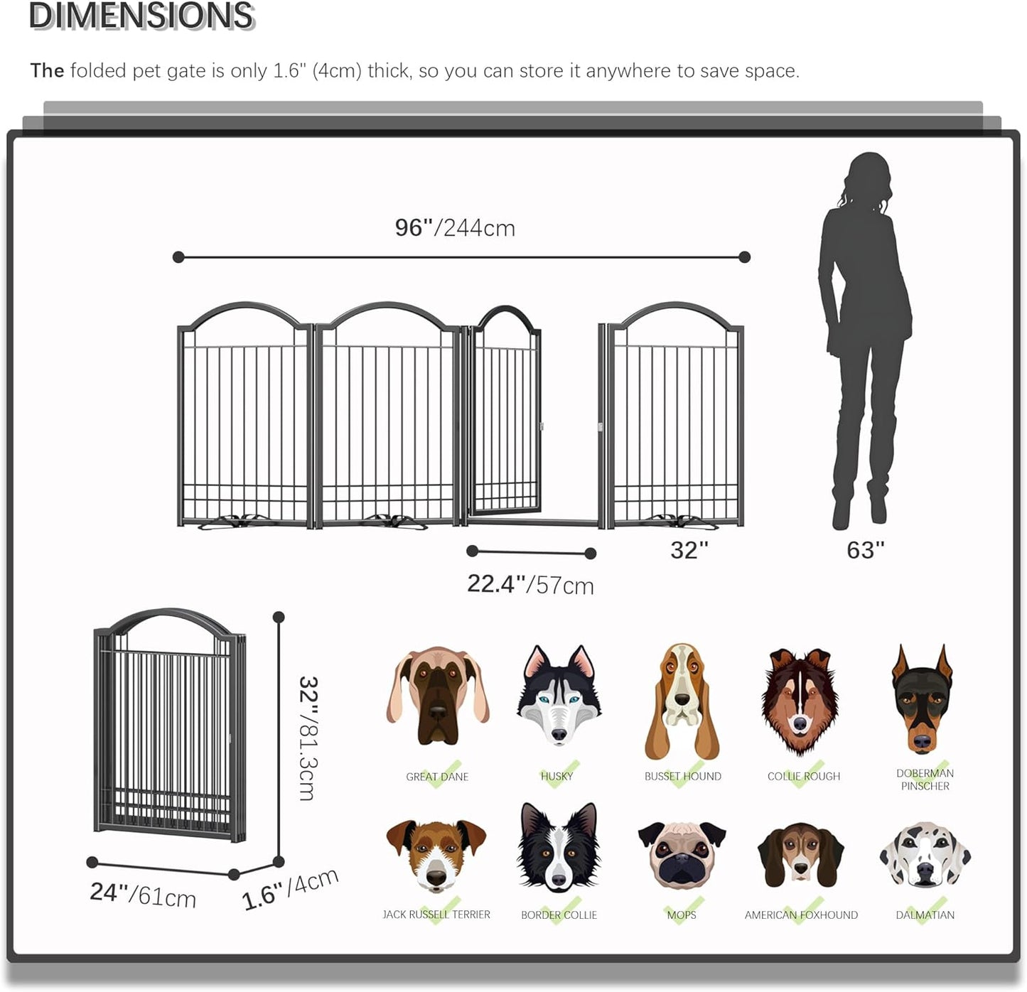 4NM Metal No Drilling Expandable Dog Gate, Extra Wide 96", Extra Tall 32" Free Standing Pet Gate with Door, Gates for Dogs Outdoor or Indoor, with 3PCS Support - Black