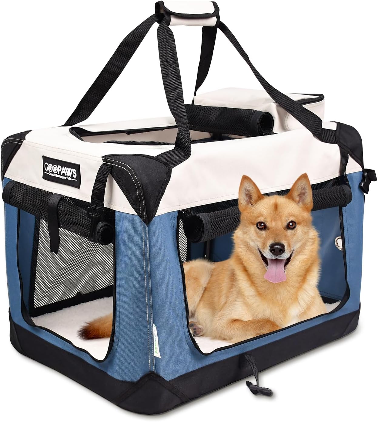 JESPET Soft Dog Crates Kennel for Pets, 3 Door Soft Sided Folding Travel Pet Carrier with Straps and Fleece Mat for Dogs, Cats(6-Lake Blue, Large(30" L x 21" W x 23" H))