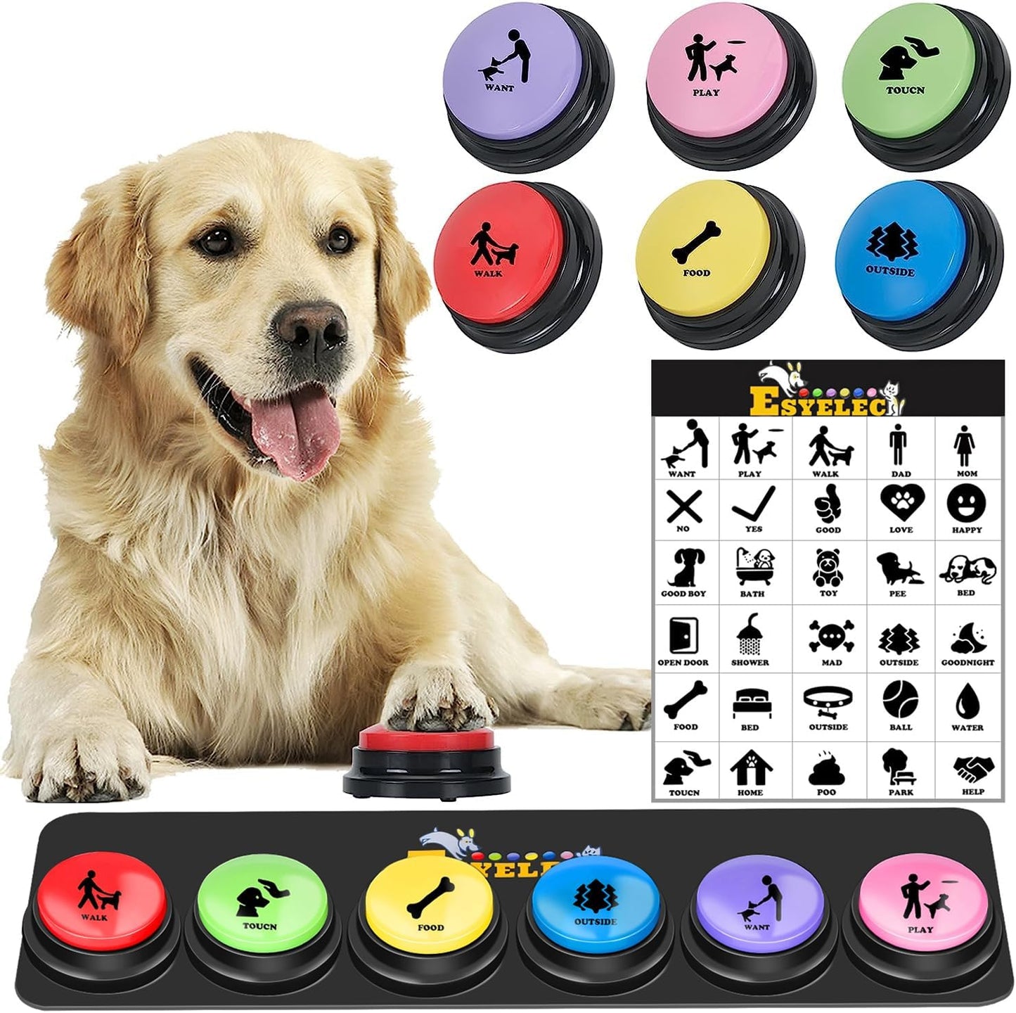 6 Pcs Dog Talking Button Set, Dog Buttons for Communication 30s Voice Recording Speaking Button Pet Speech Training Buzzers with 30 Scene Stickers and Waterproof Anti-Slip Mat for Animal Training