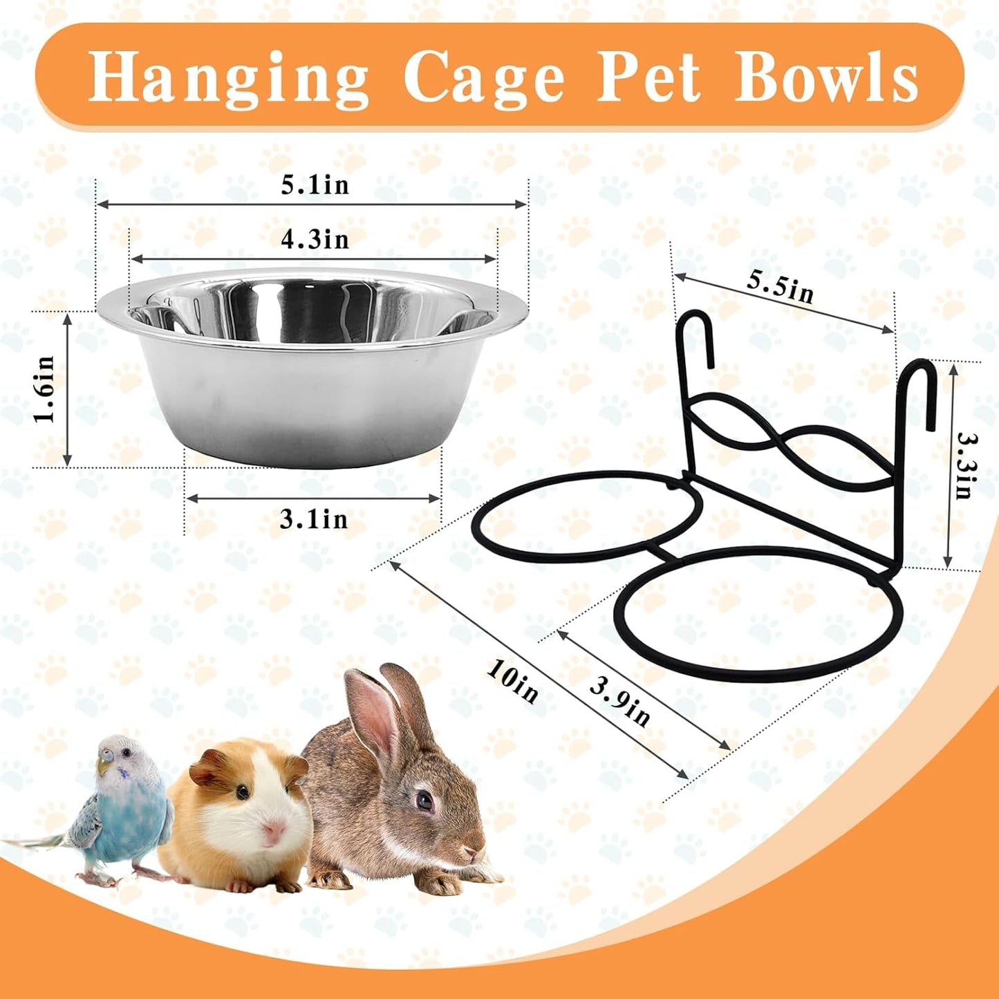 kathson Hanging Bird Bowls for Cage, 2 PCS Stainless Steel Metal Pet Food Water Dishes with Holder Feeder Cage Coop Hook Feeder Cups for Birds, Parrots, Small Sized Dogs and Cats(5.1 Inch Dia)