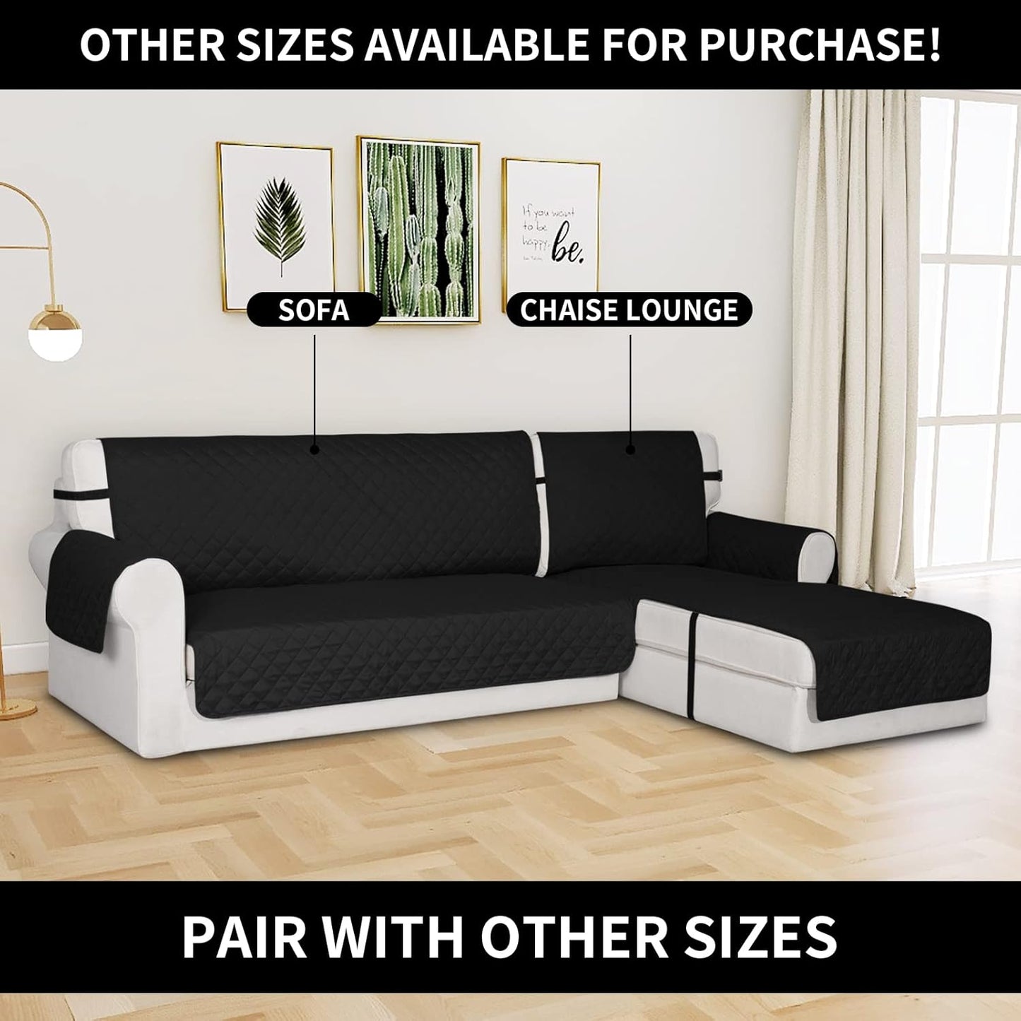 Easy-Going Reversible Chaise Lounge Couch Cover Water Resistant Sofa Cover Sectional L Shaped Sofa Slipcover with Adjustable Straps Furniture Protector for Dogs (115X34 in, Black/Black)