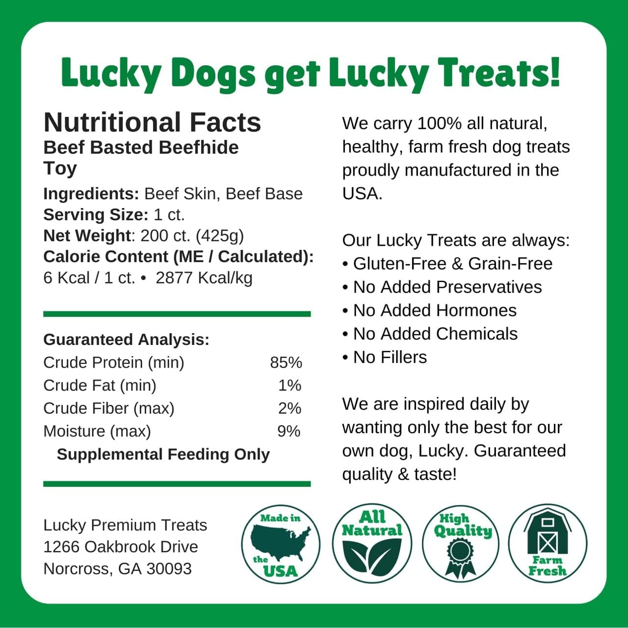 Lucky Premium Treats Beef Basted Rawhide – All-Natural Rawhide and Beef Dog Treats for Extra Small Dogs, Gluten Free Premium Toy Breed Dog Treats (200 Chews)