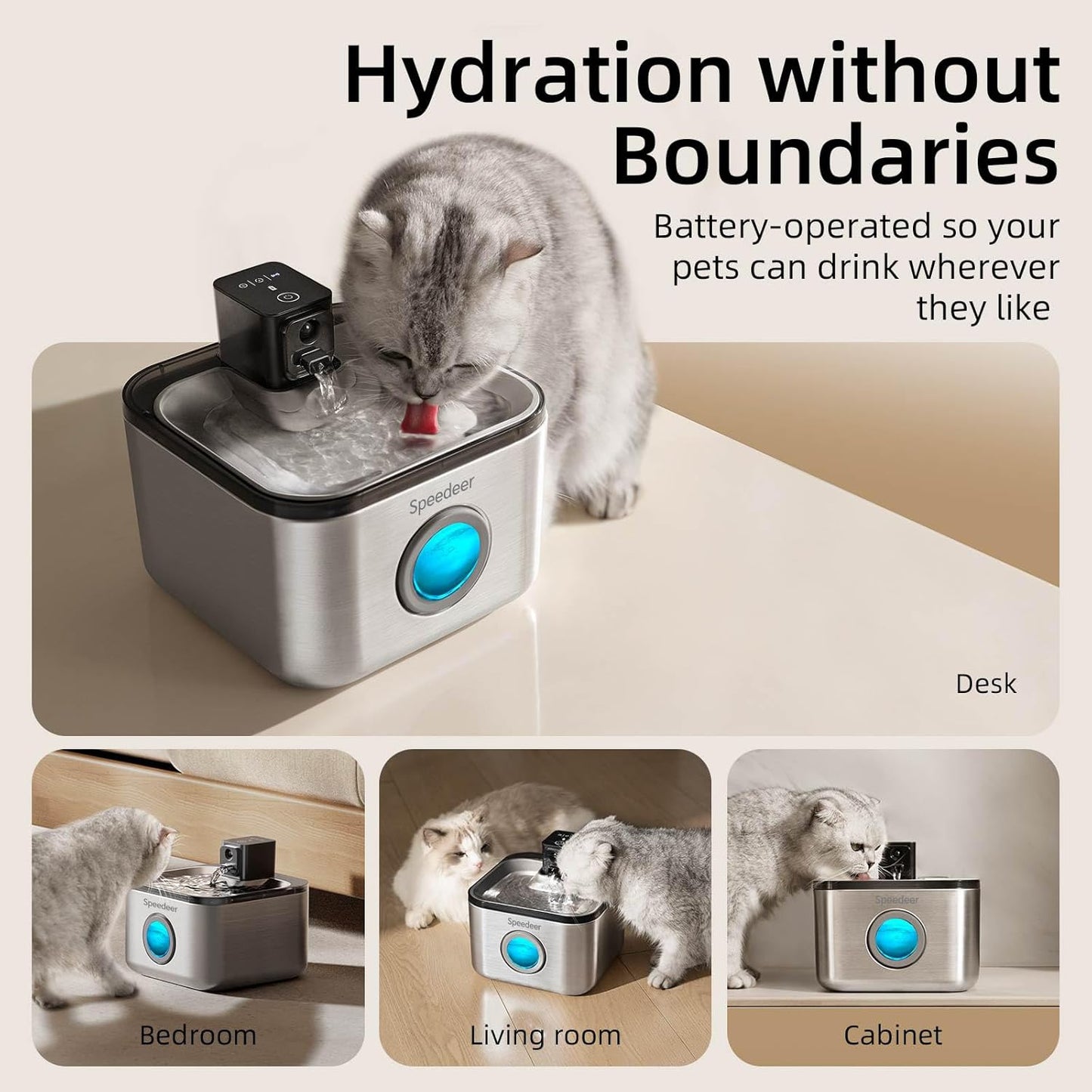 Wireless Cat Water Fountain Stainless Steel, 135oz/4L Pet Fountain Battery Operated, Cordless Running Water Dispenser for Cats & Dogs with Motion Sensor, Ultra Quiet, Multi-Filtration