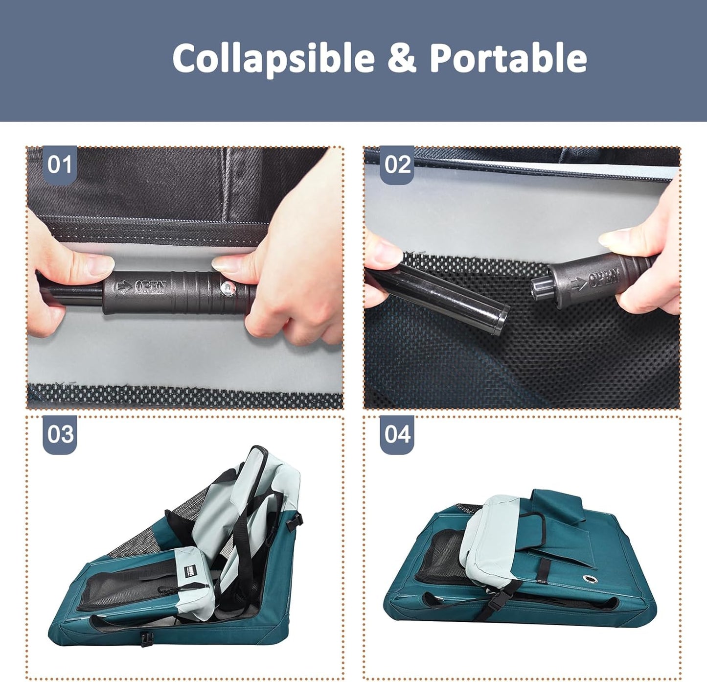 JESPET Soft Dog Crates Kennel for Pets, 3 Door Soft Sided Folding Travel Pet Carrier with Straps and Fleece Mat for Dogs, Cats, Shale Green, 36'' (8-Teal Blue, Large(30" L x 21" W x 23" H))