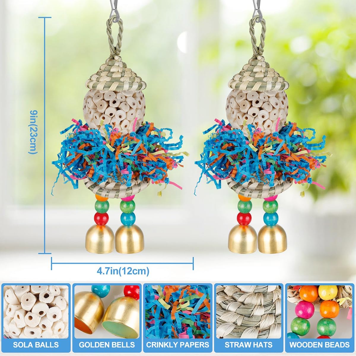 Conure Toys,2PCS Bird Toy Parrot Foraging Shredder Hanging Toys Sola Balls with Bell for Small Parrots Parakeets Cockatiel Conures Love Birds Budgie Cage Toy