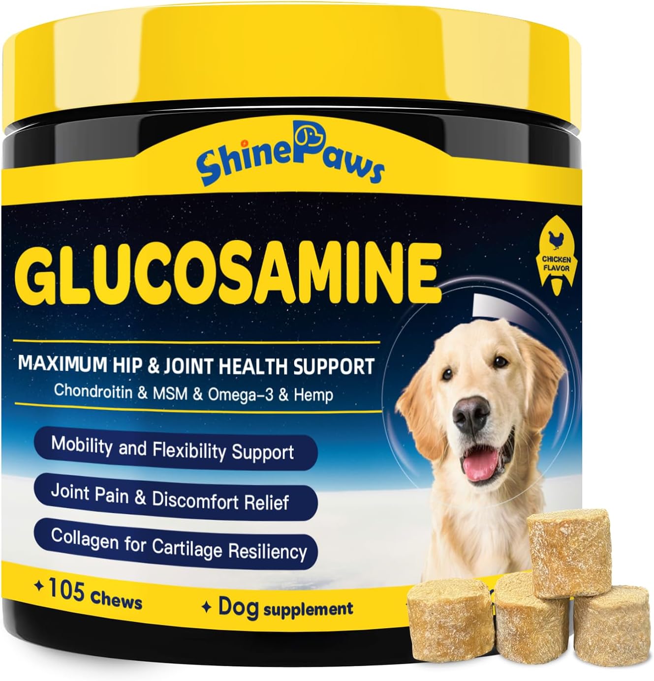 Glucosamine for Dogs - Joint Supplement for Dogs - Chondroitin, MSM, Omega-3, Hemp, Dog Joint Pain Relief, Support Mobility, Discomfort, Hip and Joint Supplement Dogs for All Breed, 105 Crunchy Bites