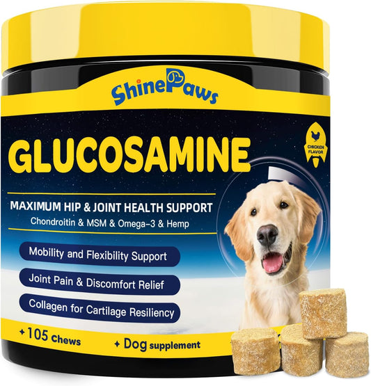 Glucosamine for Dogs - Joint Supplement for Dogs - Chondroitin, MSM, Omega-3, Hemp, Dog Joint Pain Relief, Support Mobility, Discomfort, Hip and Joint Supplement Dogs for All Breed, 105 Crunchy Bites