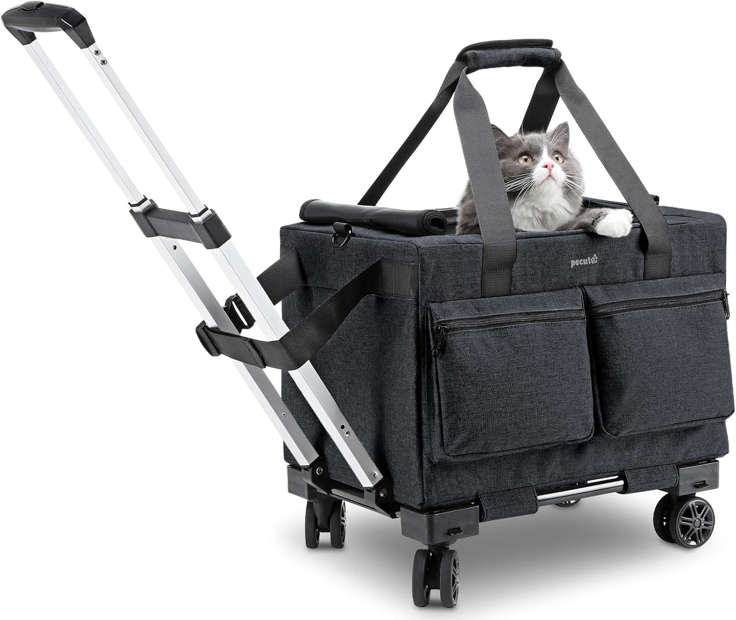 Pecute Cat Carrier with Wheels,Steel Wire Frame Cat Carrier, Stable Pet Trolley Bag for Cats, Pet Handbag and Stroller, Portable Cat Carrier Bag for Car Travel Bus Subway, Dark Grey