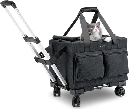 Pecute Cat Carrier with Wheels,Steel Wire Frame Cat Carrier, Stable Pet Trolley Bag for Cats, Pet Handbag and Stroller, Portable Cat Carrier Bag for Car Travel Bus Subway, Dark Grey