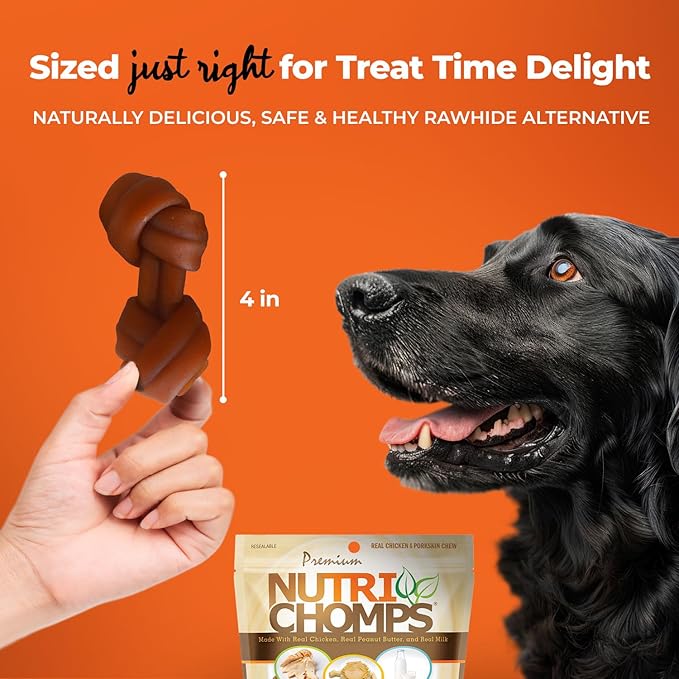 NutriChomps Dog Chews, 4-inch Knots, Easy to Digest, Rawhide-Free Dog Treats, 9 Count, Real Chicken, Peanut Butter and Milk flavor