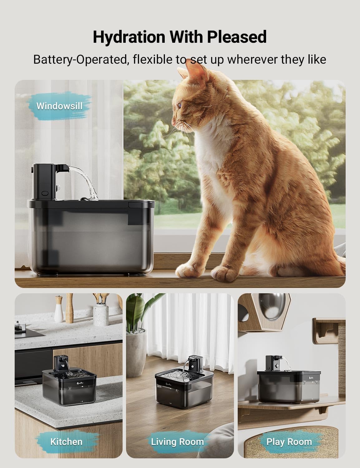 DownyPaws Cat Water Fountain Cordless, 84oz/2.5L Fursink Wireless Pet Water Fountains for Cats Indoor, Battery Operated Cat Drinking Fountain with Motion Sensor, Ultra Quiet Pump, BPA-Free, Black