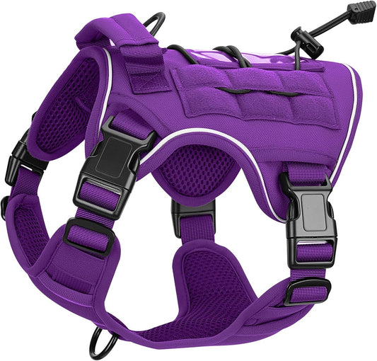 Heavy-Duty Tactical Dog Harness for Large Dogs, No Pull Adjustable Reflective Pet Vest with Molle System, K9 Military-Grade Control for Service Training, Outdoor & 10+ Breeds, Purple, Small