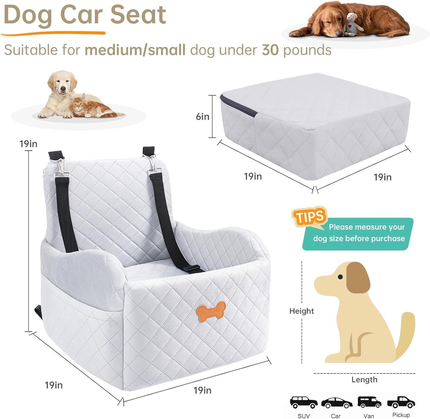 Dog Car Seat for Small Dogs, Dog Booster Seat Filling in Thick Memory Foam with 2 Safety Leashes and Storage Pocket, Suitable for Pet Under 30lb or 2 Puppies (Gray)