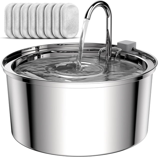 Tomxcute Cat Water Fountain, 3.2L/108oz Automatic Stainless Steel Pet Fountain Dog Water Dispenser, Ultra-Quiet Pump and 3 Replacement Filters & for Cats, Dogs, Multiple Pets