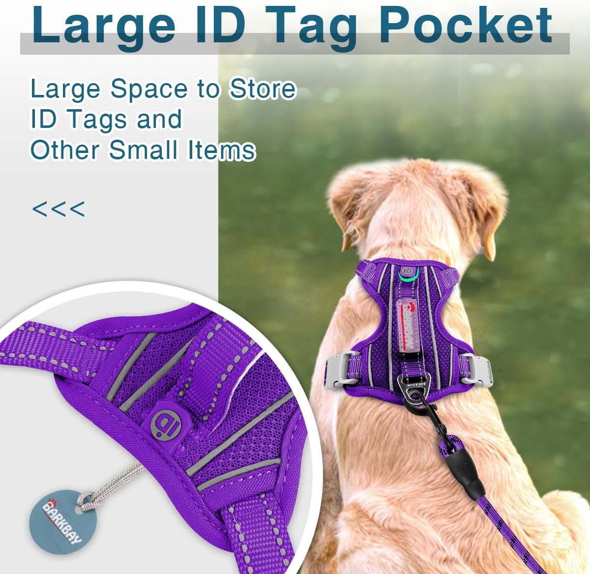 BARKBAY Dog Harness No Pull with ID Tag Pocket - Heavy Duty, Reflective, Easy Control for Large Dogs(Purple,XS)