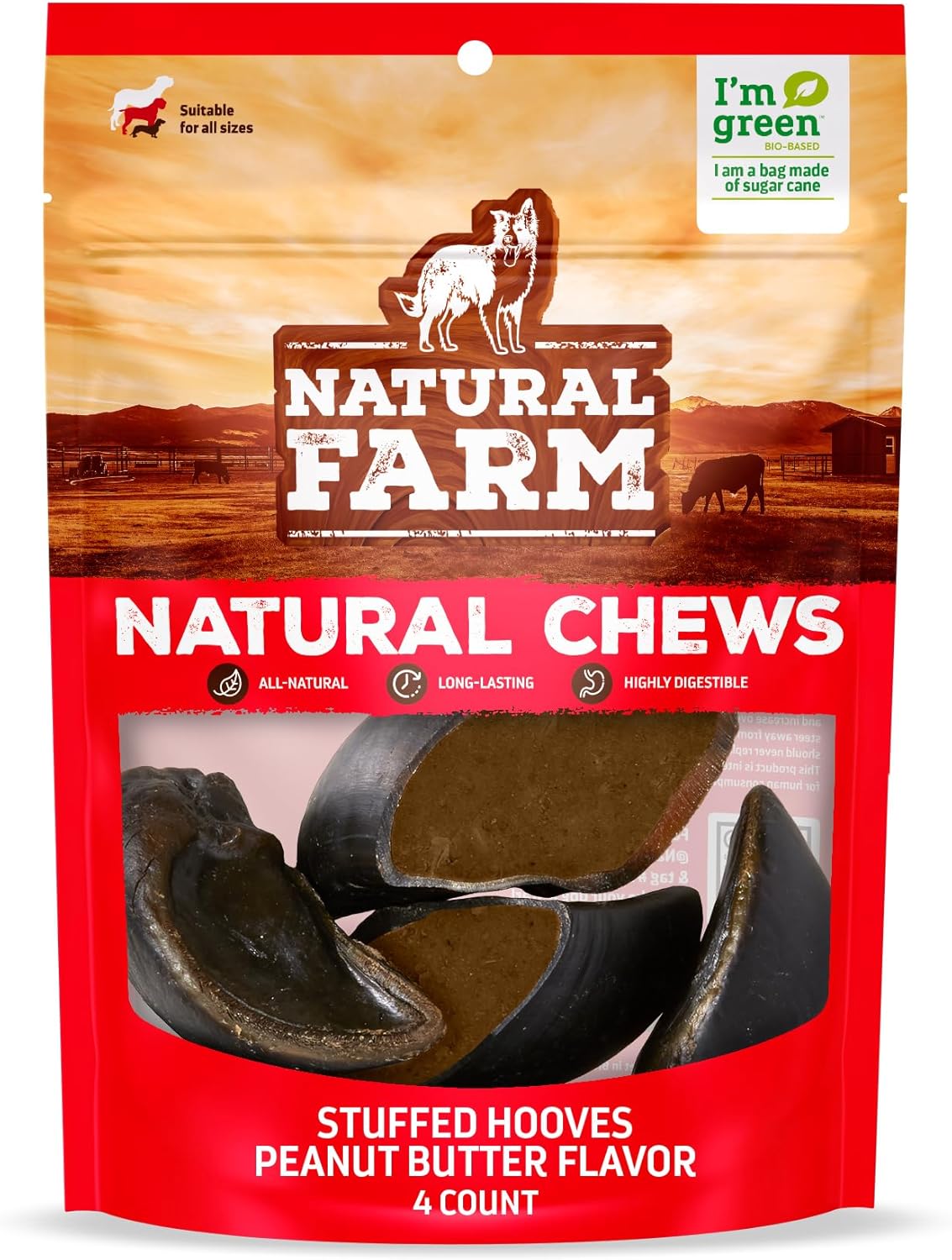 Natural Farm Peanut Butter Flavor Filled Cow Hooves for Dogs (4-Pack), Long-Lasting Natural Beef Bone Treats, Best for Small, Medium & Large Dogs