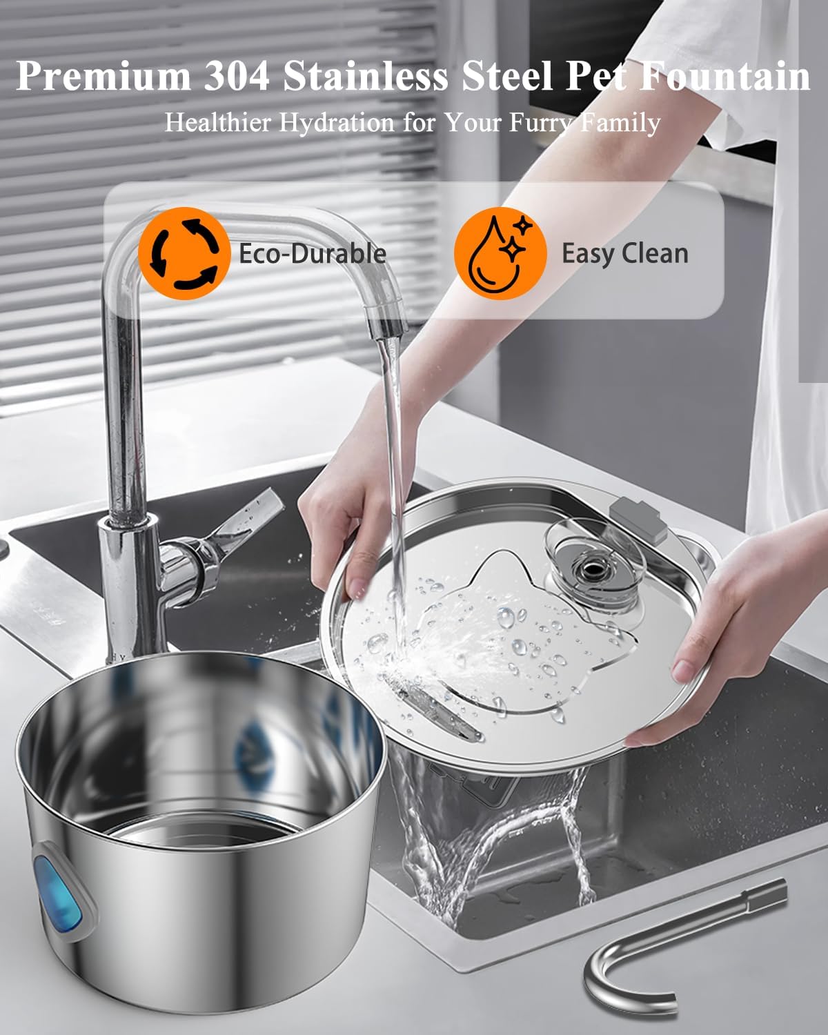 Cat Water Fountain Stainless Steel, 3.2L/108oz Automatic Pet Drinking Dispenser with Faucet & Flower Mode, Electric Metal Water Bowl for Indoor Cats S/M Dogs Pets, Quiet Waterer w/ 8 Filters & Sponges