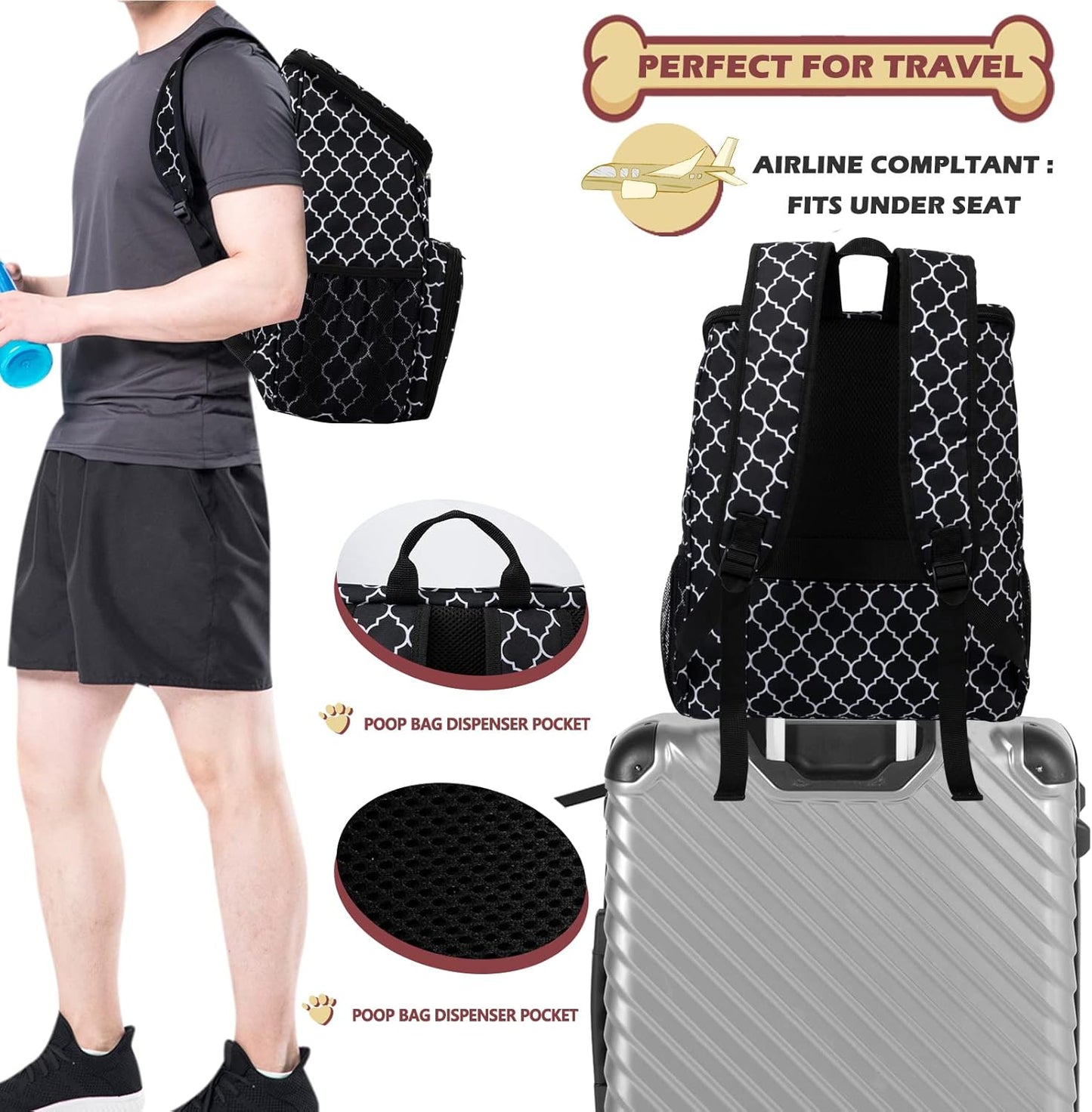 BAGLHER Dog Travel Bag Backpack, Airline Approved Pet Supplies Backpack, Dog Travel Backpack with 2 Silicone Collapsible Bowls and 2 Food Baskets DLBlack