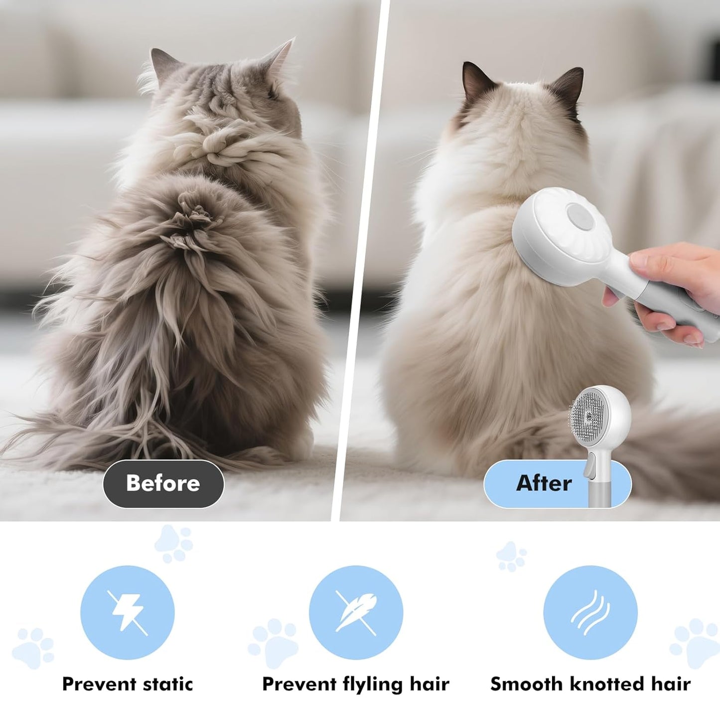 Cat Steam Brush with 2 Steam Modes for Cats Dogs Shedding, Low Noise Pet Hair Brush with One Release Button Cool Mist for Indoor Cats