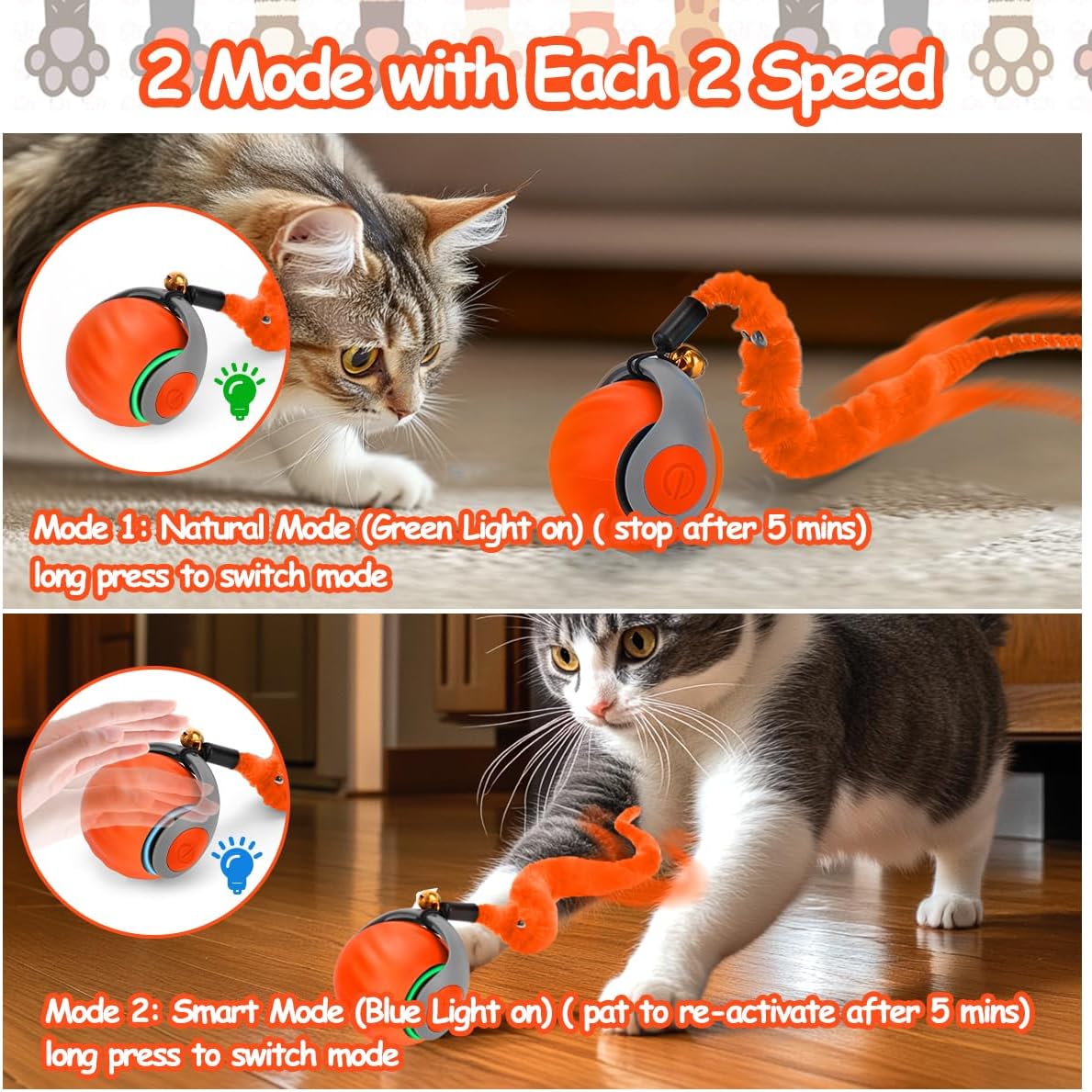 Interactive Cat Ball Toy, Self Rolling Ball with Cover Anti-Scratch for Bored Indoor Cat Chasing, Obstacle Avoidance Smart Cat Toys for Enrichment, Motion Activated Toys to Keep Them Busy （Orange）